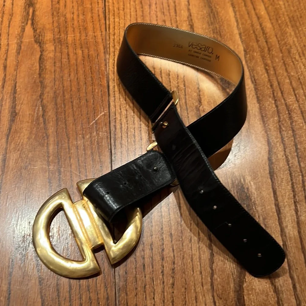 Omega Black Leather Belt With Large Gold Buckle Size M